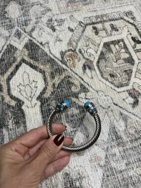 Twisted Cable Wire Cuff Bracelet Silver Tone Turquoise Blue Accents Designer